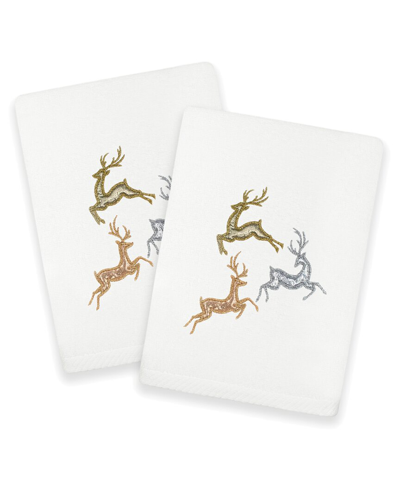 Linum Home Textiles Christmas Leaping Deer - Embroidered Luxury Set Of 2 Turkish Cotton Hand Towels In White