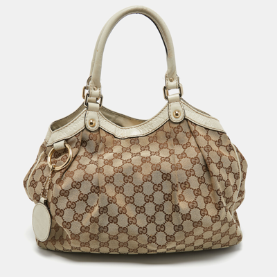 Pre-owned Gucci White/beige Gg Canvas And Leather Medium Sukey Tote