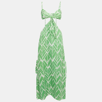 Pre-owned Alexis Green Printed Linen Cutout Detail Midi Dress S