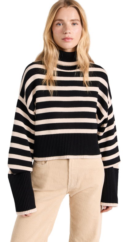 Denimist Cropped Sailor Stripe Turtleneck Sweater In Black W/ Tan Stripe