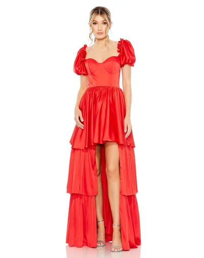 Mac Duggal Puff Sleeve Sweetheart High Low Ruffle Gown | Sample | Sz. 2 In Red