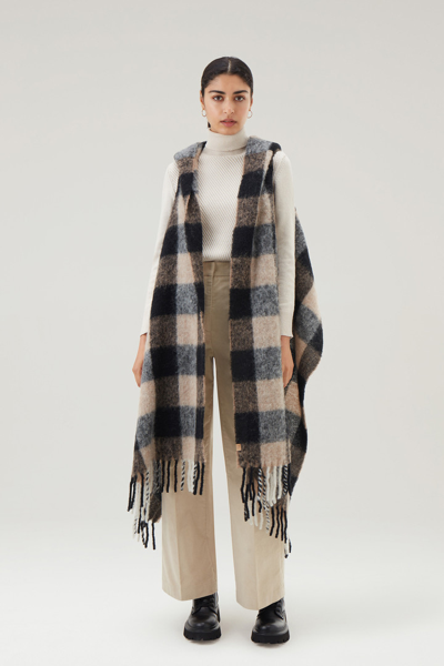 Woolrich Hooded Scarf With Checked Pattern In Beige