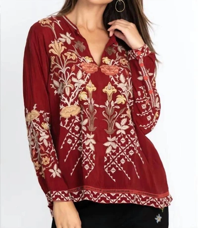 Johnny Was Frankie Embroidered Keyhole Blouse In Red Wine