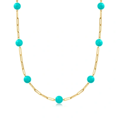 Ross-simons 8mm Turquoise Bead Paper Clip Link Necklace In 18kt Gold Over Sterling In Multi