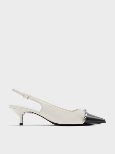 Charles & Keith Patent Pearl Chain-link Slingback Pumps In White