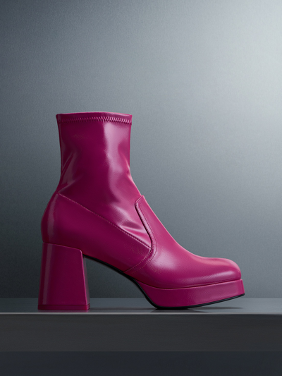 Charles & Keith Patent Crinkle-effect Block-heel Boots In Fuchsia