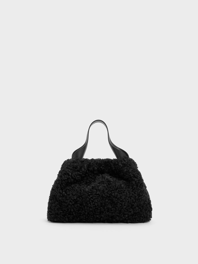 Charles & Keith Ally Furry Slouchy Bag In Noir