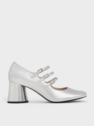 Charles & Keith Claudie Metallic Buckled Mary Janes In Silver