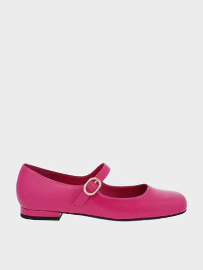Charles & Keith Patent Crinkle-effect Pearl-buckle Mary Janes In Fuchsia