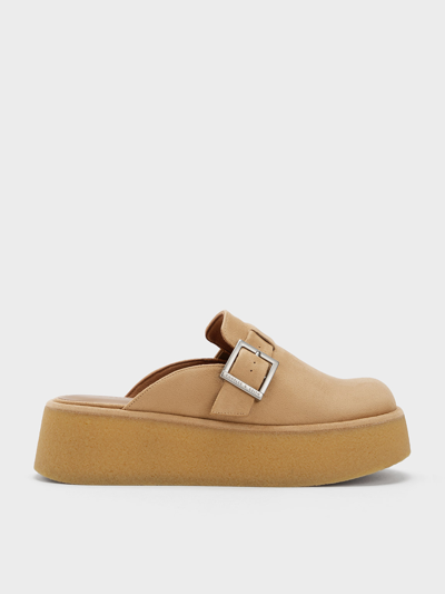 Charles & Keith Fur-lined Buckled Flatform Mules In Camel