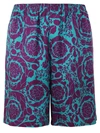 Versace Baroque Print Silk Twill Shorts In Blue