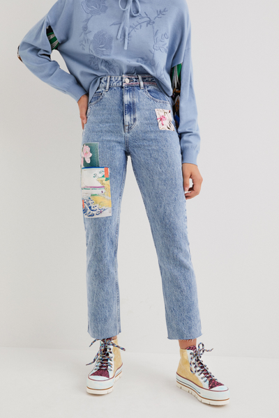 Desigual Straight Cropped Japanese Jeans In Blue