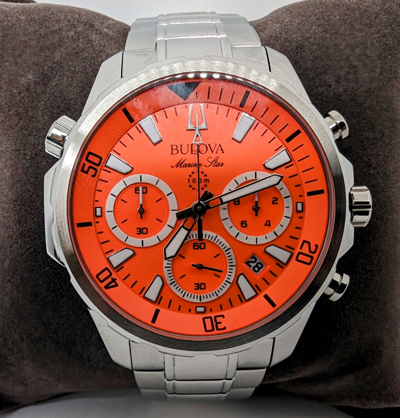 Pre-owned Bulova Orange Dial Marine Star Silver Tone Stainless Steel Men's Watch 96b395