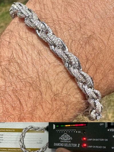 Pre-owned Harlembling Moissanite Hip Hop Rope Bracelet Iced Real Solid 925 Sterling Silver 7.5mm Mens In White/colorless