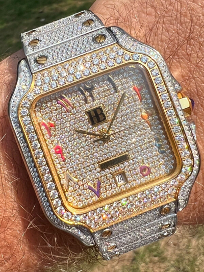 Pre-owned Hip Hop 14k Gold Plated & Stainless Steel Two Tone Real Mens Watch Iced Cz Arabic Dial