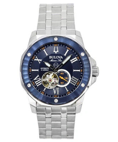 Pre-owned Bulova Marine Star 98a302 21 Jewels Open Heart Blue Dial ...