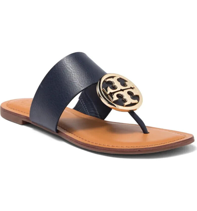 Pre-owned Tory Burch Metal Logo Benton Leather Thong Sandal Navy Blue Us 7 Authentic In Brown