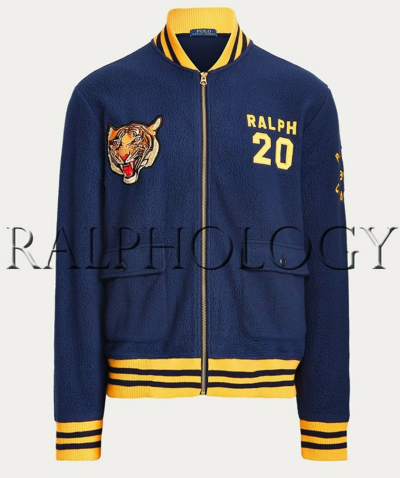 Pre-owned Polo Ralph Lauren Mens Polo Tiger Fleece Bomber Patch Rl Naval Tigers Jacket In Blue