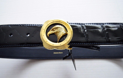 Pre-owned Stefano Ricci Blue Crocodile Leather Gold Palladium Buckle Belt 34 Us 85 Cm