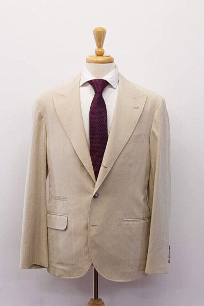 Pre-owned Brunello Cucinelli $5395  Men's Herringbone Sport Coat With Logo Buttons A228 In Beige