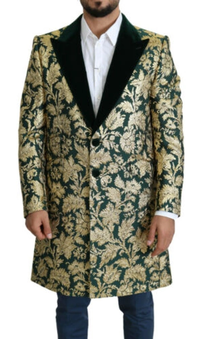 Pre-owned Dolce & Gabbana Jacket Sicilia Green Gold Jacquard Long Coat