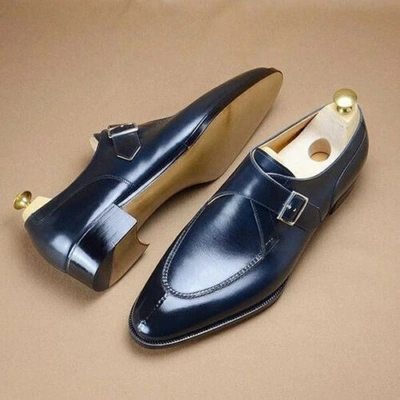 Pre-owned Handmade Custom Made Men's Navy Blue Leather Monk Shoes, Men Leather Dress Shoes Men.