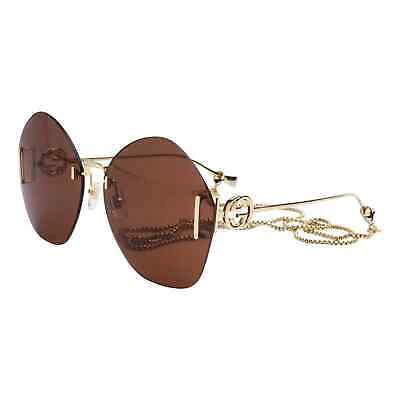 Pre-owned Gucci Gg1203s 003 Gold Brown Lens Gold Chain Women Sunglasses Authentic