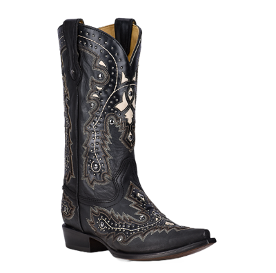 Pre-owned Corral Men's Black Overlay & Embroidery & Studs Boots C3847