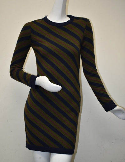 Pre-owned Chanel Tag  Sweater Dress Cashmere Navy Blue Green Magenta Stripe Logo 36 38 In Purple