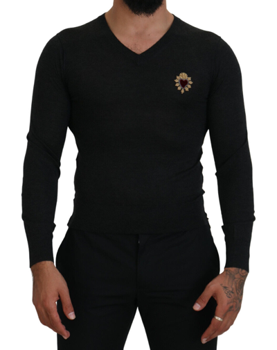 Pre-owned Dolce & Gabbana Sweater Gray Cashmere V-neck Gold Heart It44 /us34/ Xs Rrp $980