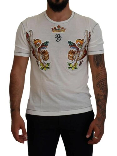 Pre-owned Dolce & Gabbana Dolce&gabbana Men White T-shirt Cotton Blend Logo Print Crew Neck Top Size It 44