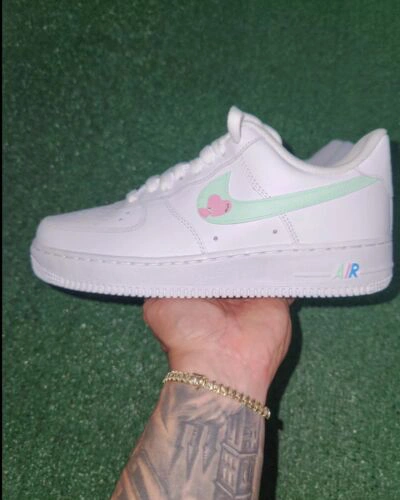 Pre-owned Nike ?  Air Force 1 07 Blue Pink Green Diamond Custom / Girls Gs Women Men ? In White