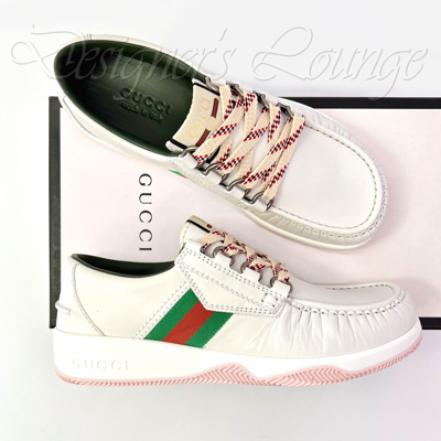 Pre-owned Gucci Men's Agrado 8 / 8.5 Us Web White Leather Sneakers Shoes $750 Authen