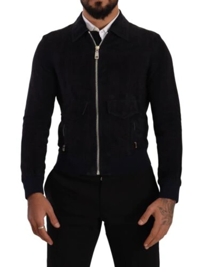 Pre-owned Dolce & Gabbana Blue Suede Lambskin Leather Coat Jacket