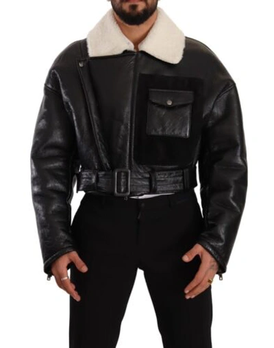 Pre-owned Dolce & Gabbana Black Leather Shearling Biker Coat Jacket