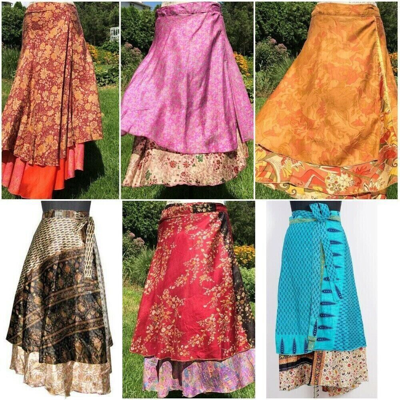 Pre-owned Vintage Handmade Silk Sari Beach Skirt 2 Layer Skirt Long Magic Wrap Skirt 100 Pcs Lot In Multicolor