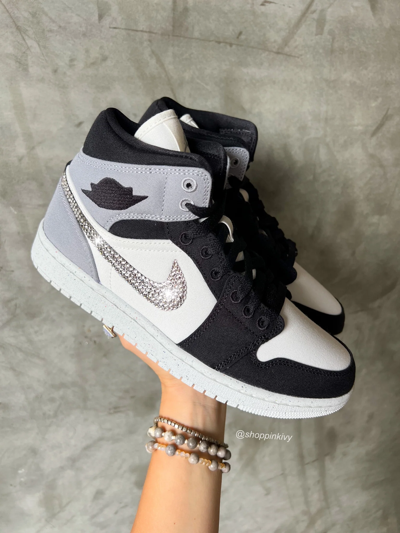 Pre-owned Nike Blinged Women's  Air Jordan 1 Mid Shoes Black/ Grey Jordan In Gray