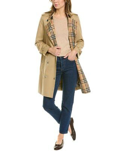 Pre-owned Burberry Check-trim Gabardine Trench Coat Women's In Brown