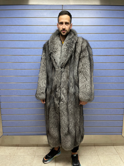 Pre-owned Fox Luxury Full Skin Frost  Fur Mens Coat Real Fur Long Coat Skin To Skin Frost In Silver