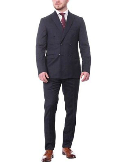Pre-owned Carducci Mens Navy Blue With Light Blue Windowpane 100% Wool Slim Fit Suit