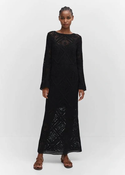 Mango Flared Sleeve Crochet Dress Black