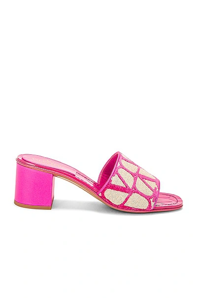 Valentino Garavani Vlogo Canvas Block-heel Slide Sandals In Naturale & Pink