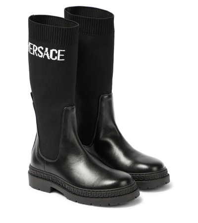 Versace Kids' Logo-jacquard Leather Ankle Boots In Black