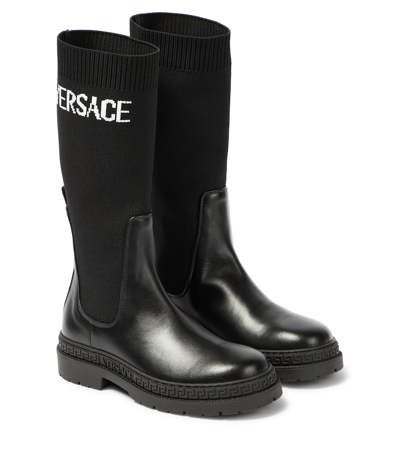 Versace Kids' Logo皮革&针织靴子 In Black