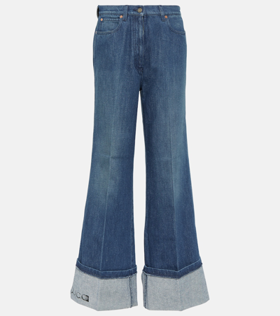 Gucci Label Denim Flare Trousers In Blue