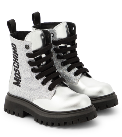 Moschino Kids Glitter Lace-up Boots In Silver