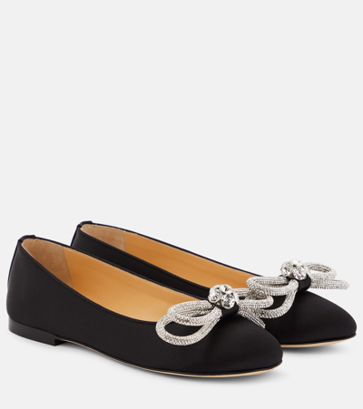 Mach & Mach Double Bow Crystal-embellished Satin Point-toe Flats In Black