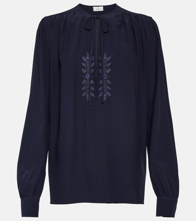 Etro Embroidered Silk Blouse In Blue
