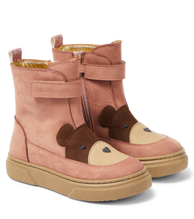 Monnalisa Kids' Teddy Bear Nubuck Leather Boots In Pink