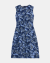 Lafayette 148 Sleeveless Brushstroke-print Darted Midi Dress In Blue Iris